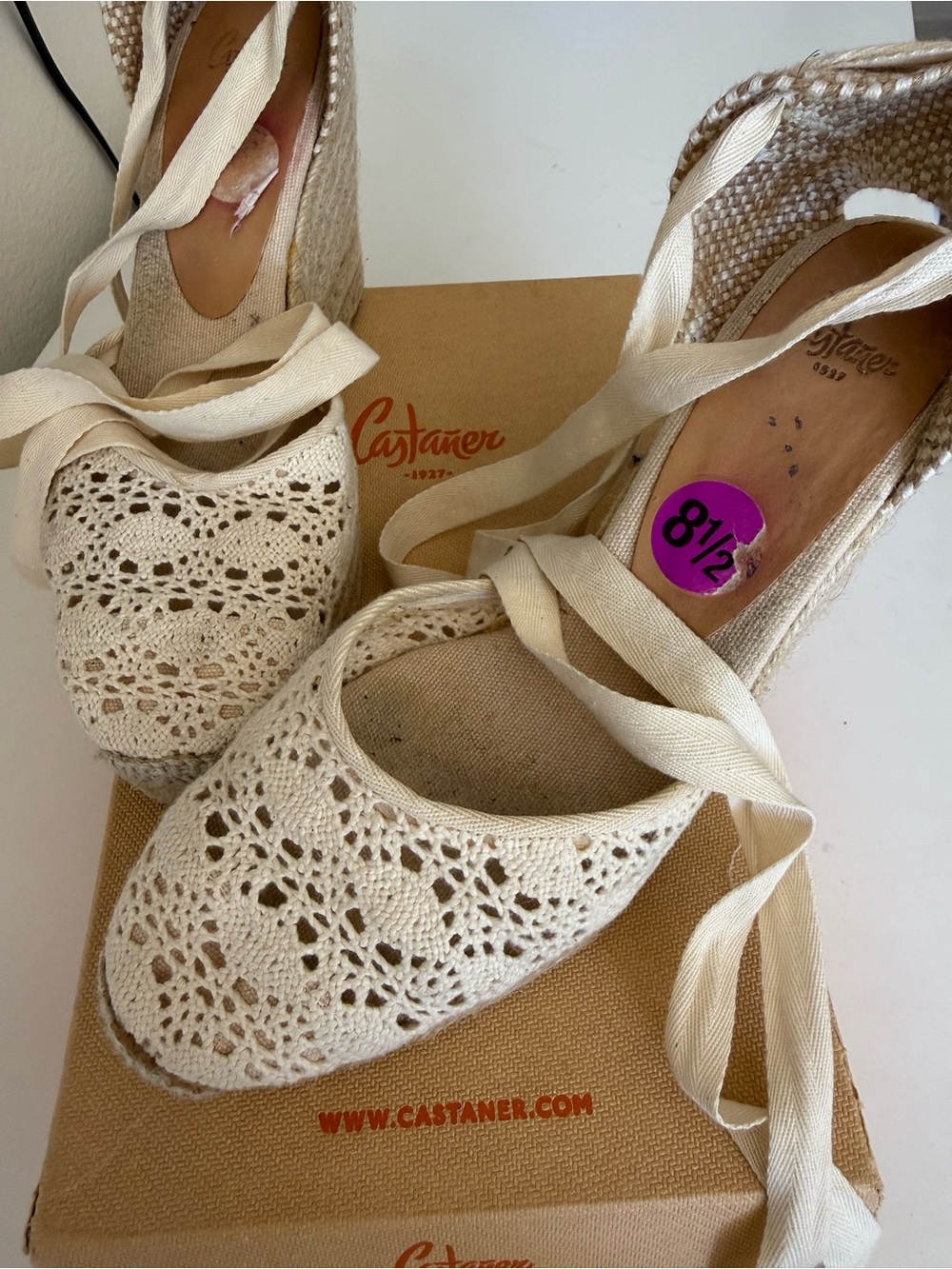 Castaner Cream Crochet Espadrille Wedge with Ankle Ribbons